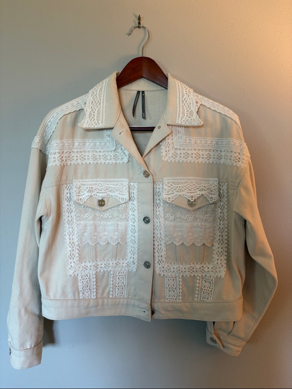 By Anthropologie Lace Denim Trucker Jacket